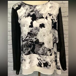 DKNYC Blouse Top Women’s Size Medium Color Black White Floral Pattern
